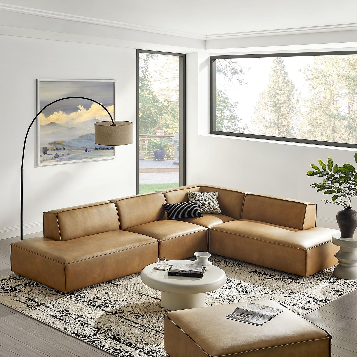 Modway Restore Faux Leather 4-Piece Modular L-Shaped Armless Sectional Sofa in Toast – Low Profile Vegan Leather Couch with Coil Seat Support and French Piping