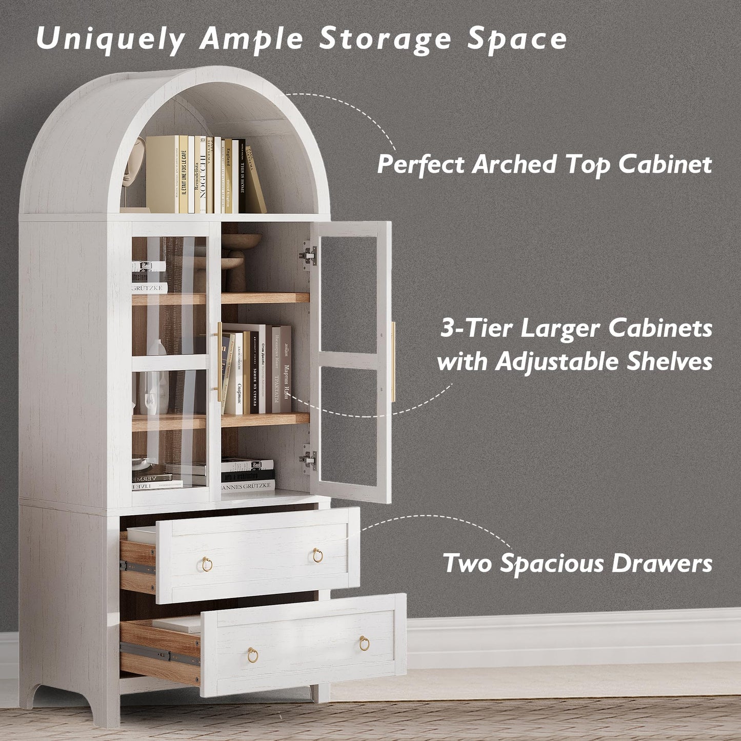 Merax 71" Tall Arched Farmhouse Pantry Cabinet with Glass Doors & 2 Large Drawers - Adjustable Shelves, Modern Kitchen Storage Cupboard for Dining Room, Living Room (30" W x 15.75" D), White