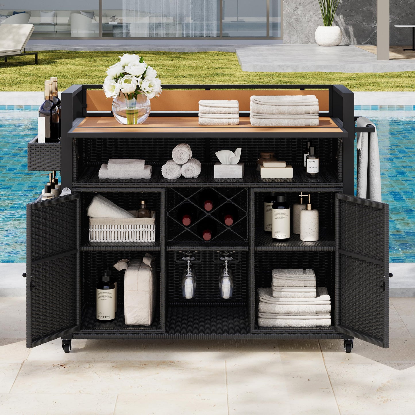 Merax 52.8"W Wicker Outdoor Grill Cart with Extended Plastic Wood Table Top, Rolling Kitchen Island on Wheels with Storage Cabinet for Patio Backyard Garden Poolside, Double Handle Design, Black Brown