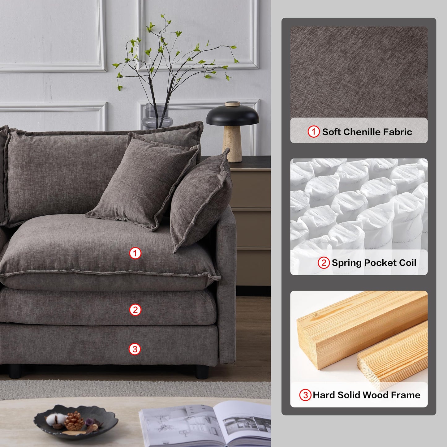 KEIKI 3 Seater Chenille Modular Sectional Couch Sofa with Ottoman, Double-Layer Seat Cushions & Back Cushions, Modern L-Shape Upholstered Cloud Soft Sofa Couches Chaise Lounge for Living Room