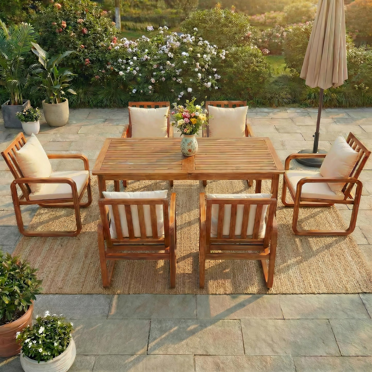 Merax 7 Pieces Patio Dining Set, Outdoor Acacia Wood Furniture for 6, with Table and Removable Cushioned Chairs for Backyard, Brown