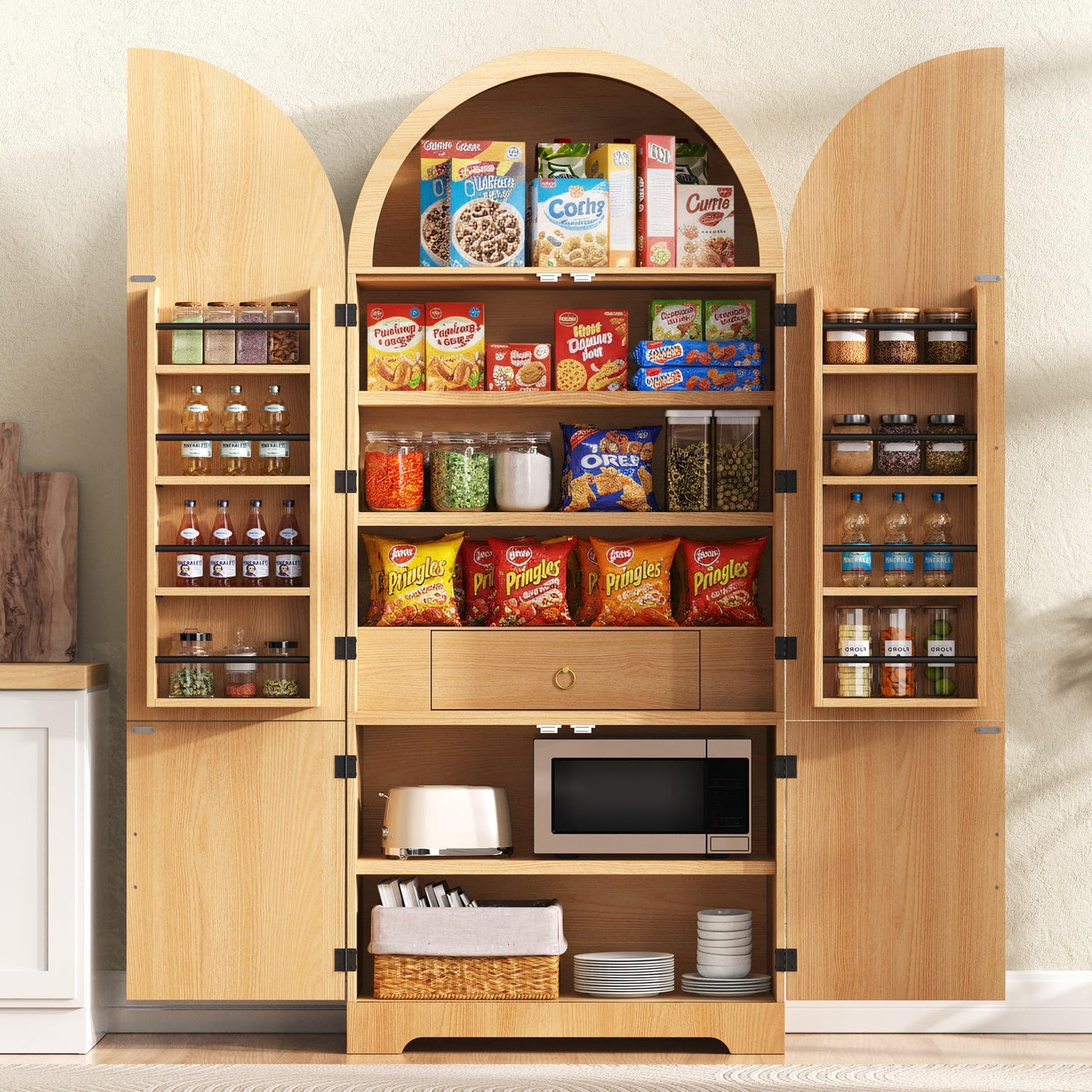 Merax 72" Tall Arched Cabinet Kitchen Pantry with 4 Doors, Fluted Storage Cabinets with 3 Adjustable Shelves & 1 Hidden Drawer & 8 Door Shelves, Versatile Cupboard for Kitchen, Dining Room, Natural
