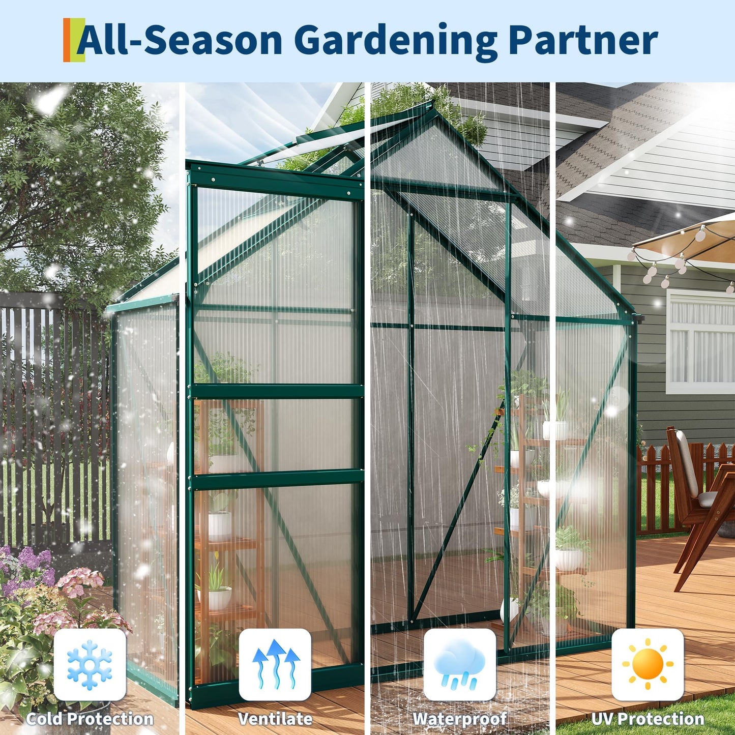 MilleLoom 6x3Ft Greenhouse for Outdoors, Polycarbonate Greenhouse with Quick Setup Structure, Roof Vent&Sliding Door, Aluminum Large Walk-in Green House for Outside Garden Backyard, Patio, Lawn, Green