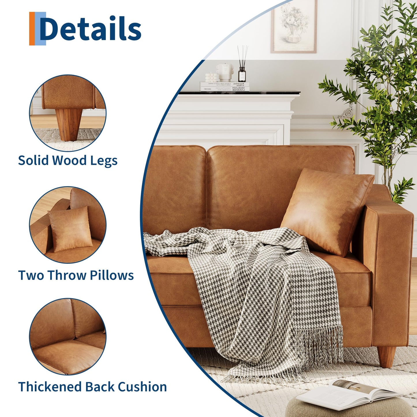 Faux Leather Couch with 2 Throw Pillows, Sofa Couches for Living Room, 3 Seater Sofa with Wide Armrests, Wood Legs, Deep Seats, Back Cushion, Sturdy Support Feet, for Office, Living Room, Brown
