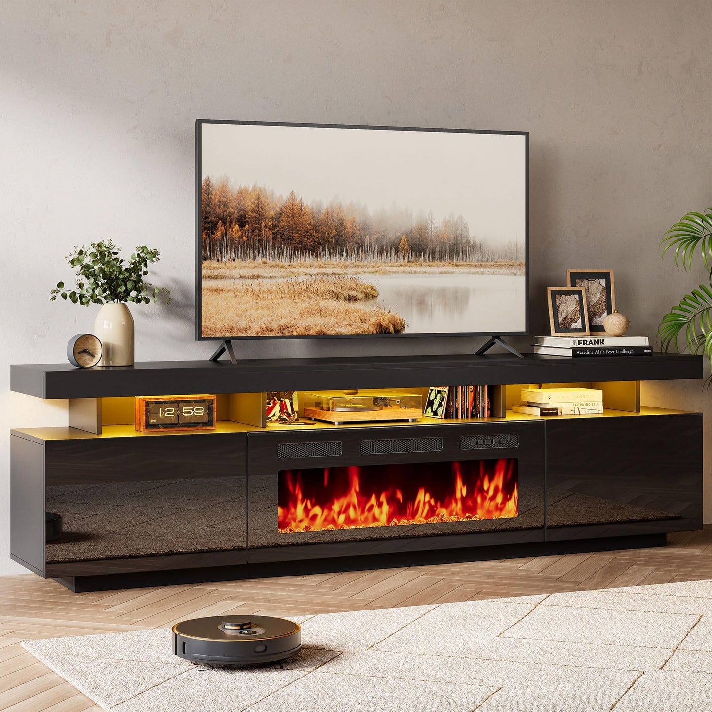 70" Floating Fireplace TV Stand with 36" Crystal Electric Fireplace, LED Entertainment Center for TVs up to 80", Modern Media Console with Mirrored Storage Cabinets for Living Room, Black TV Console