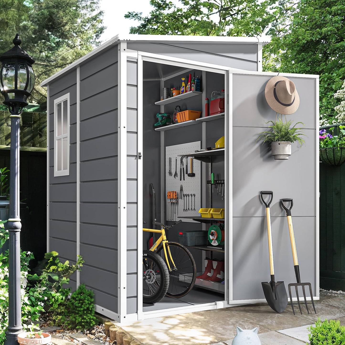 DWVO 5x4 FT Outdoor Storage Shed with Reinforced Floor, All-Weather Resin Storage Shed with Lockable Door & Window, Waterproof Plastic Tool Storage for Garden, Backyard, Patio, Lawn