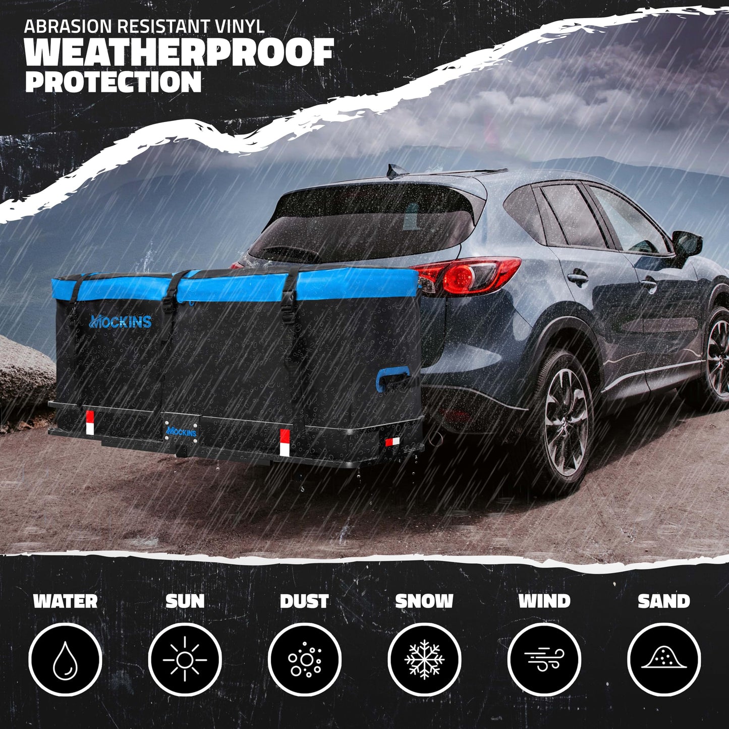 Mockins 60"x20"x6" Heavy Duty Trailer Hitch Cargo Carrier w/ 16 Cu Ft Waterproof Cargo Bag & 4 Packing Cubes | 500 Lbs. Capacity Folding Luggage Rack for SUV Car Truck & RV w/Hitch Basket Accessories