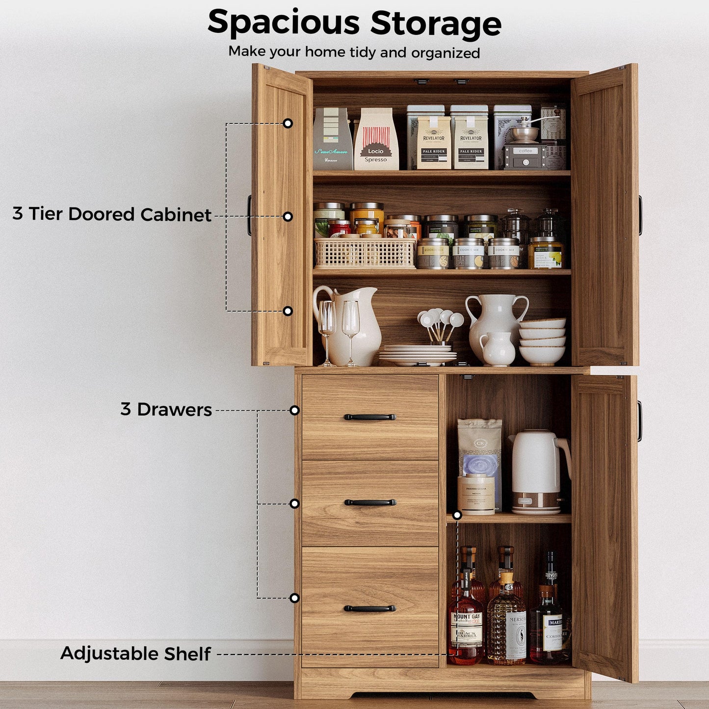 IRONCK Pantry Cabinet, 67.5 inch Tall Storage Cabinet with 3 Doors & Drawers, Farmhouse Kitchen Cabinet with Adjustable Shelves, 5 Tier Freestanding Cupboard for Kitchen, Oak Brown