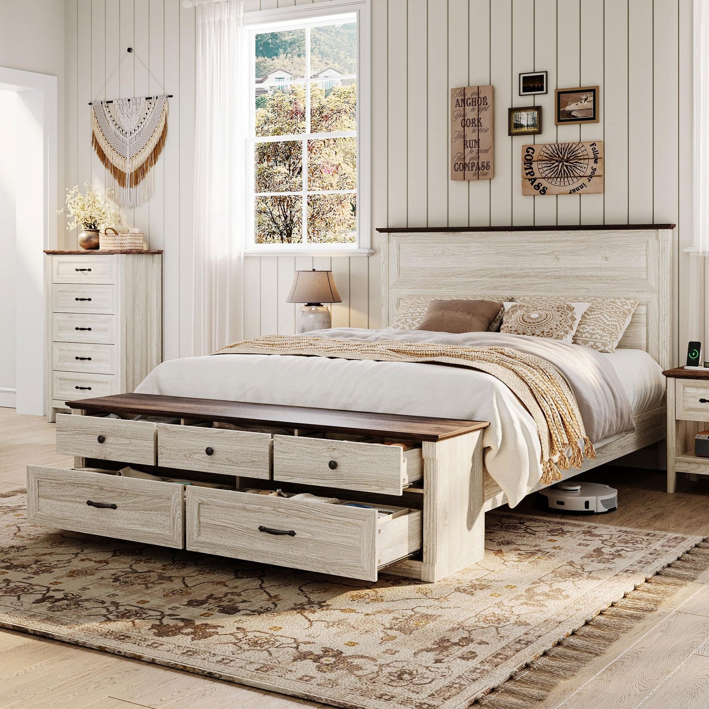 LINSY Storage Bed Frame Queen Bedframe with Drawers, Farmhouse Bed Frame Queen-Size with Headboard and Footboard Bench, Tall Bed Frames Wooden Platform Beds with Storage, No Box Spring, Antique White
