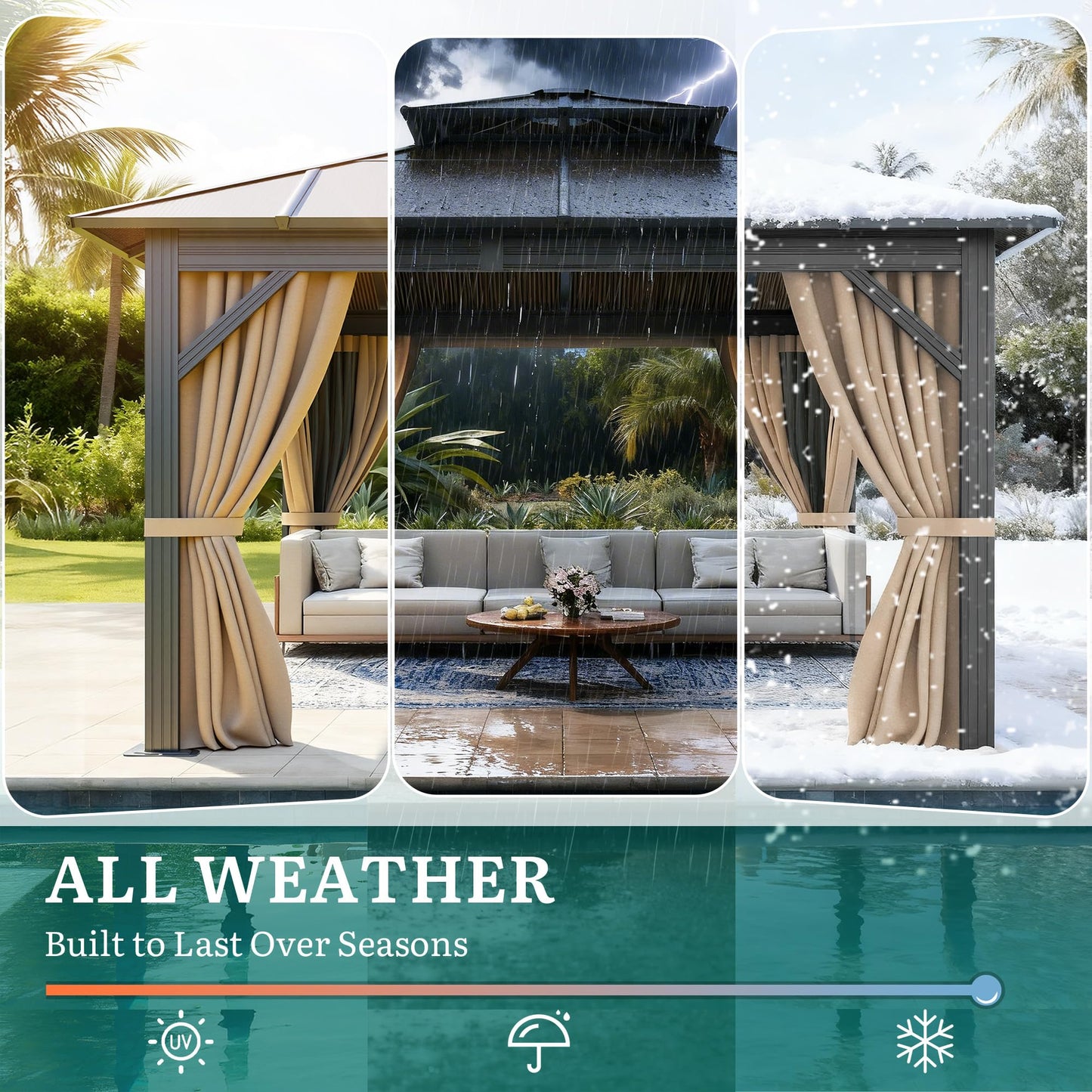 YITAHOME 10X12FT Polycarbonate Gazebo Outdoor Patio Double Top Canopy Galvanized Iron Aluminum Column Garden Tent Curtains Netting for Backyards Decks Lawns,Brown