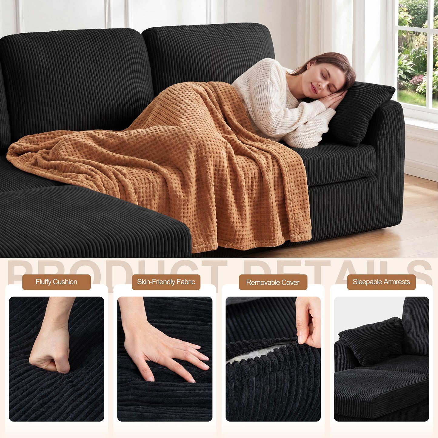 Vongrasig Boneless Convertible Sectional Sofa Couch, 3 Seat L Shaped Sofa with Removable Pillows Plush Corduroy Fabric Small Couches for Living Room, Apartment and Office, Black