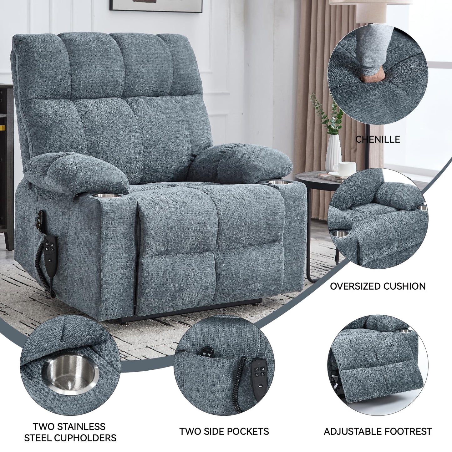 Dual Motor Power Lift Recliner Chair with Heat and Massage, Infinite Position Lift Chair, Oversized Chenille Recliner with 8-Point Vibration, Cup Holders and Side Pockets for Living Room, Grey Blue