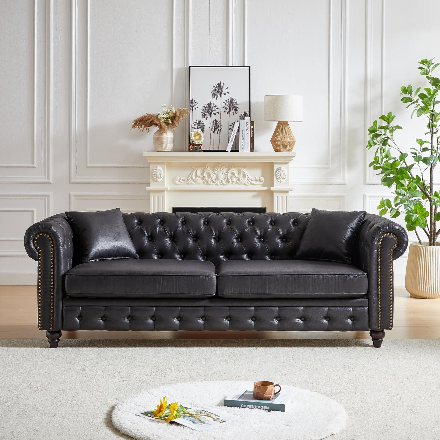 KEIKI Chesterfield Sofa, Retro Style Upholstered 3+3 Seats Tech Fabric Couch with Rolled Arm for Living Room Bedroom Office, Black