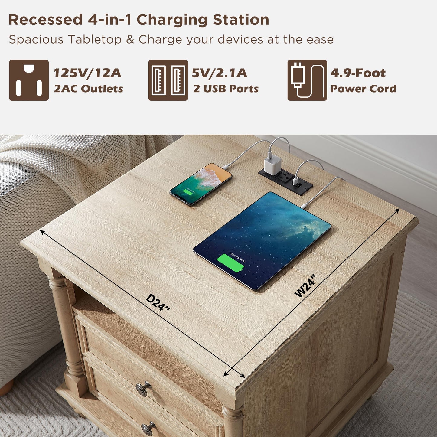 T4TREAM 24'' Farmhouse End Table w/4 Solid Wood Feet, Large 2 Drawers Wide Sofa Side Table with Charging Station, Tall Modern Wood Square Nightstand for Living Room, Bedroom, Office, Natural Oak