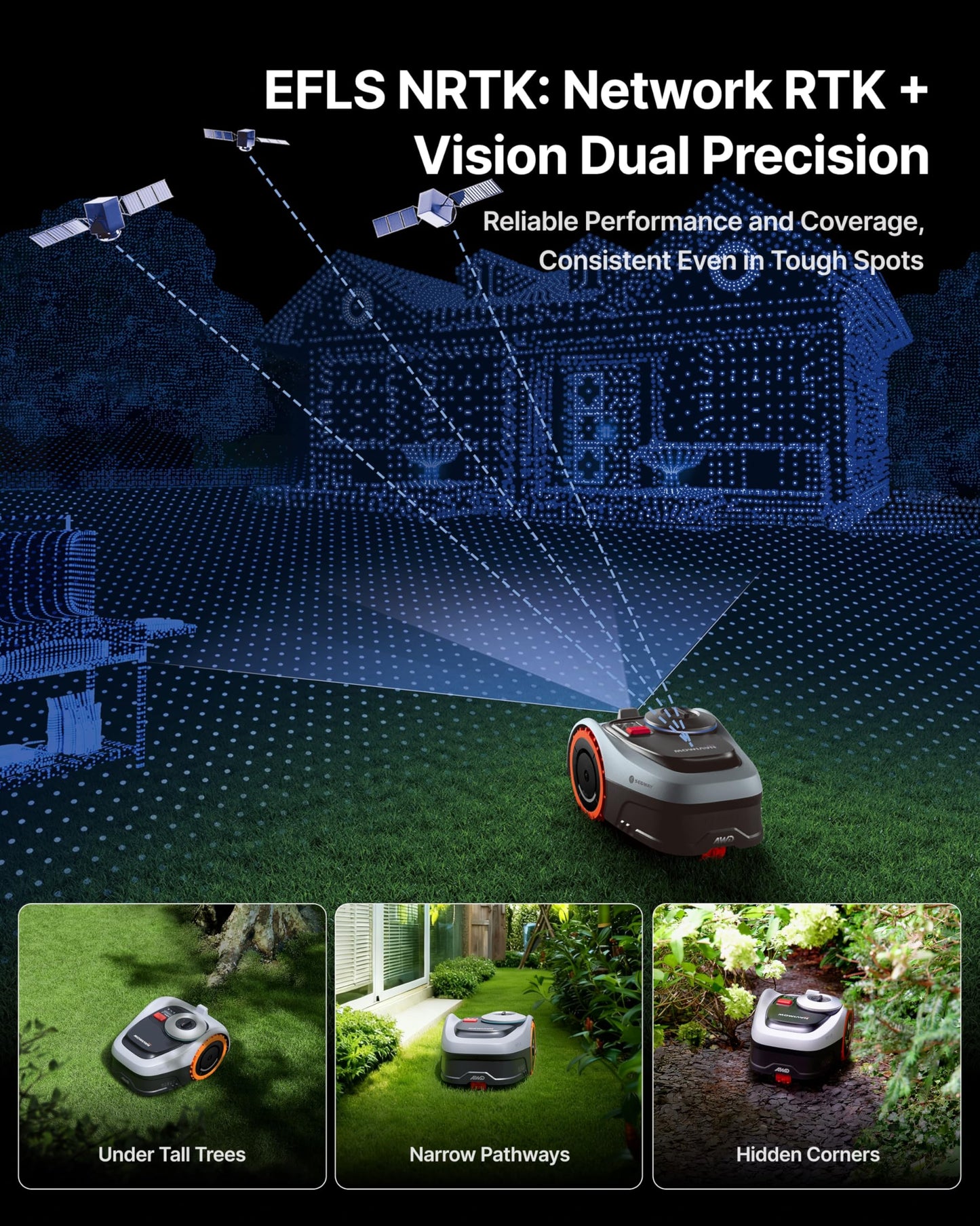 Segway Navimow i210 AWD Robot Lawn Mower Wire Free with Garage S, All-Wheel Drive for 45% Slopes, EFLS NRTK + Vision Auto Mapping, Covers 1/4 Acre (Garage Shipped Separately)