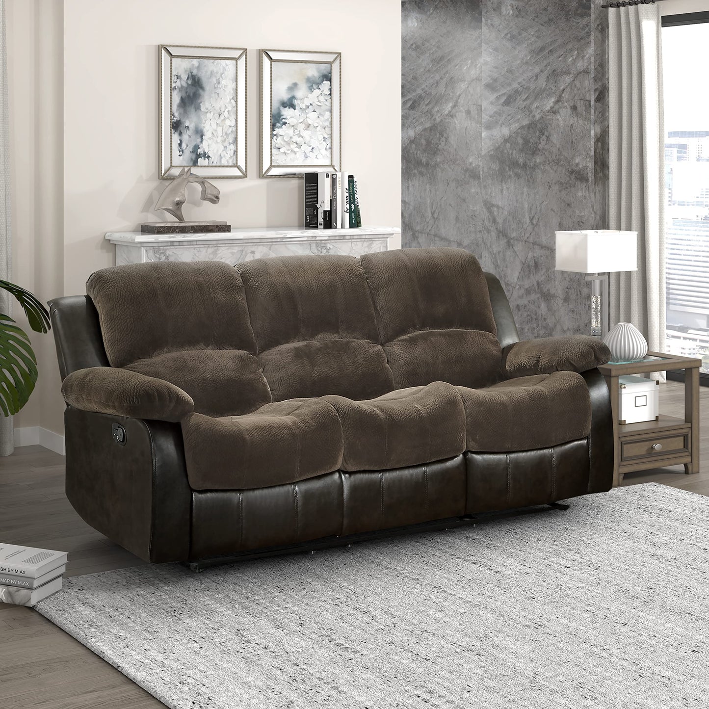 Homelegance Manual Double Reclining Sofa, Textured Microfiber Match Faux Leather Wall Hugger Recliner Sofa, High Density Foam Over Pocket Coils, for Living Room/Apartment, Brown