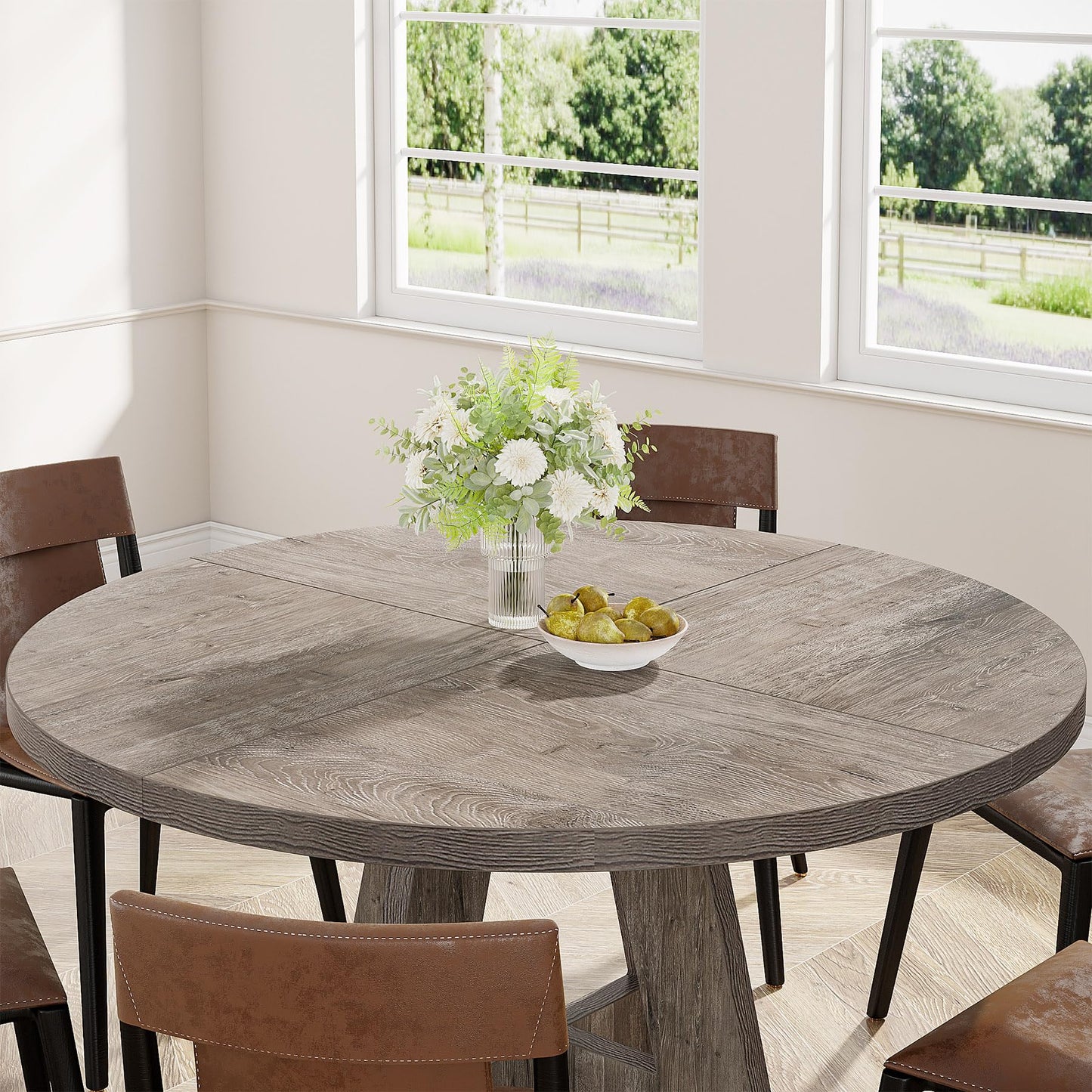 Tribesigns 47 inch Round Dining Table Wood Kitchen Table for Dining Room, 47" Dinner Room Tables for 4-6, Farmhouse Accent Furniture with Wooden Tabletop and Cross Base, Rustic Grey