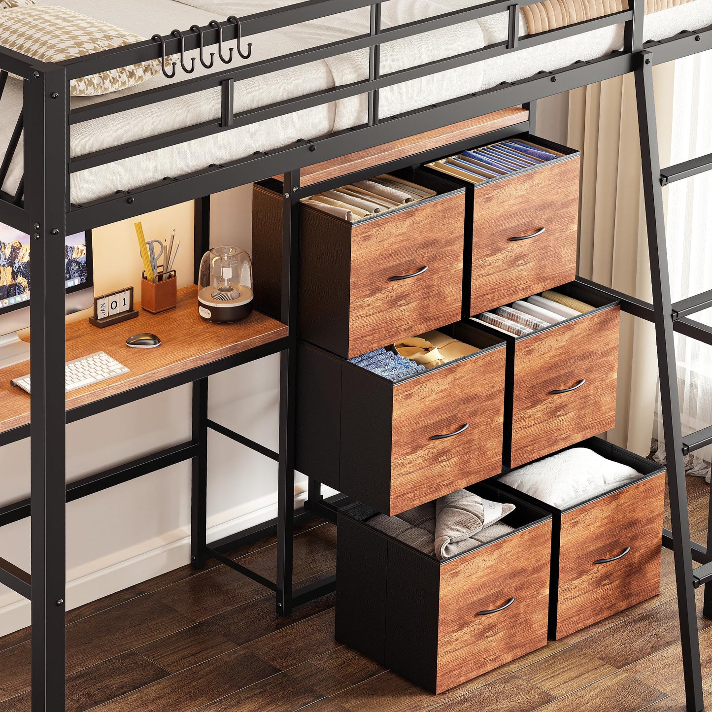 Decofy Twin Loft Bed with Desk and 6 Storage Drawers, Metal Twin Size Loft Beds with Charging Station, RGB LED Lights, and Pegboard & Hanging Rod for Kids, Teenager (Black)