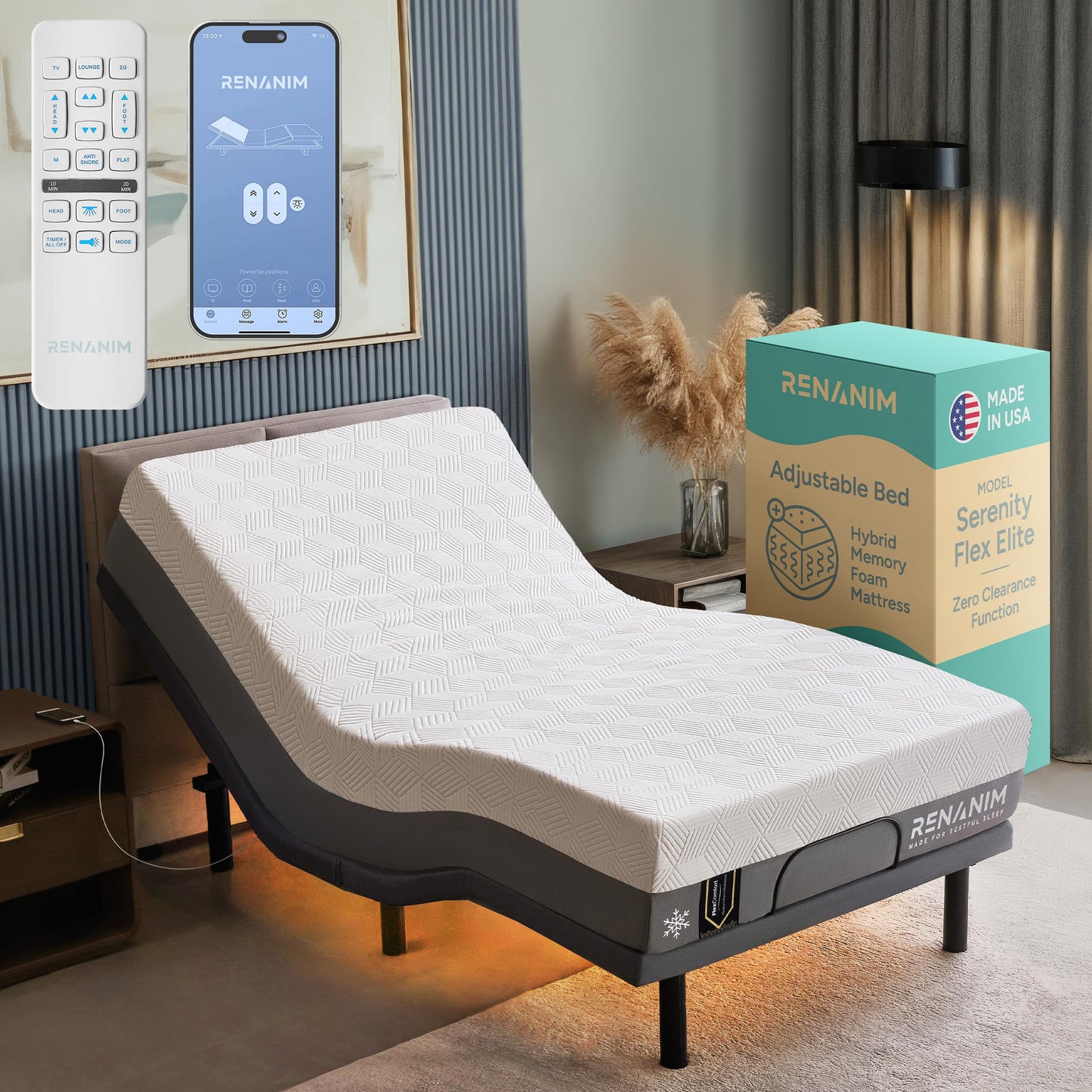 Renanim SFE Twin XL Adjustable Bed Frame with Mattress - 14" Hybrid Memory Foam - Zero Clearance, Wireless Remote for Head & Foot Incline, Zero Gravity - Electric Massage, Underbed Lights, 4 USB Ports