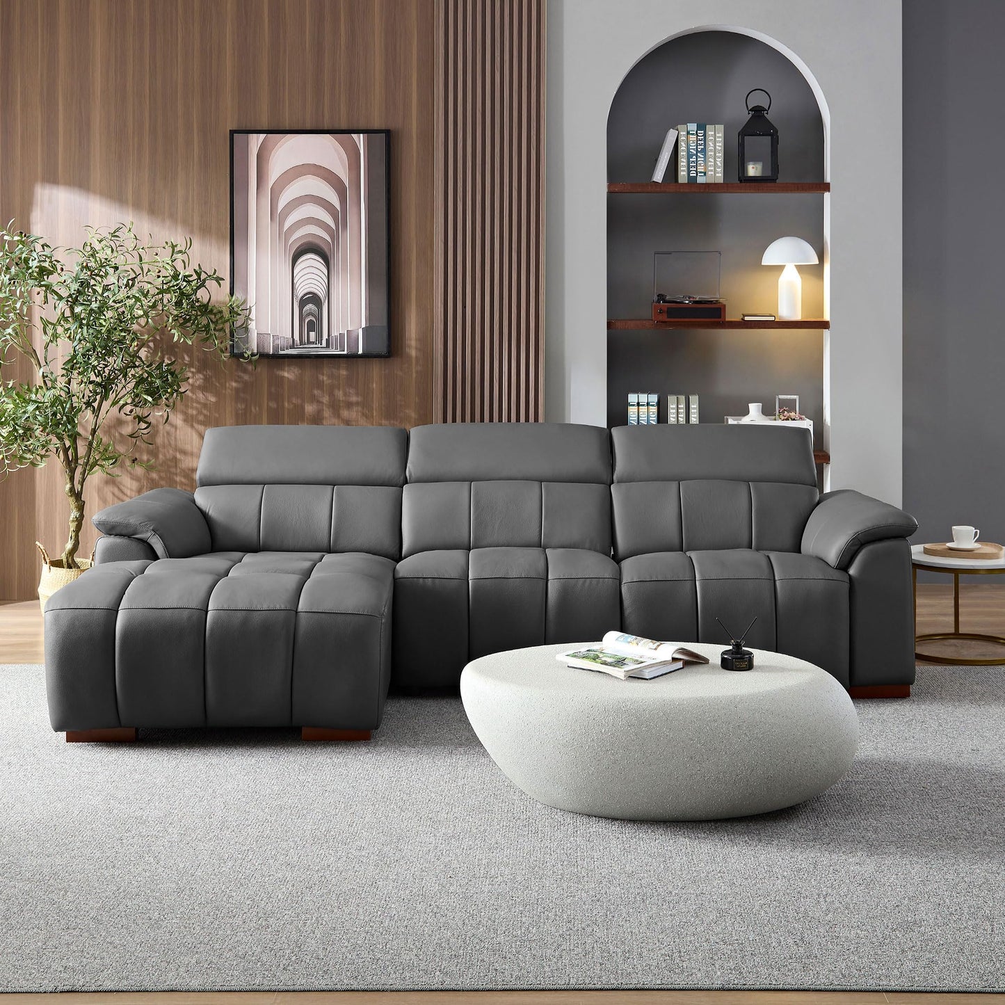 KEIKI 113" L-Shaped Genuine Leather Wall-Hugger Reclining Sofa with Left Chaise, Adjustable Backrest & Footrest, Modern Electric Control 3-Seater Couch with USB, for Living Room, Dark Grey