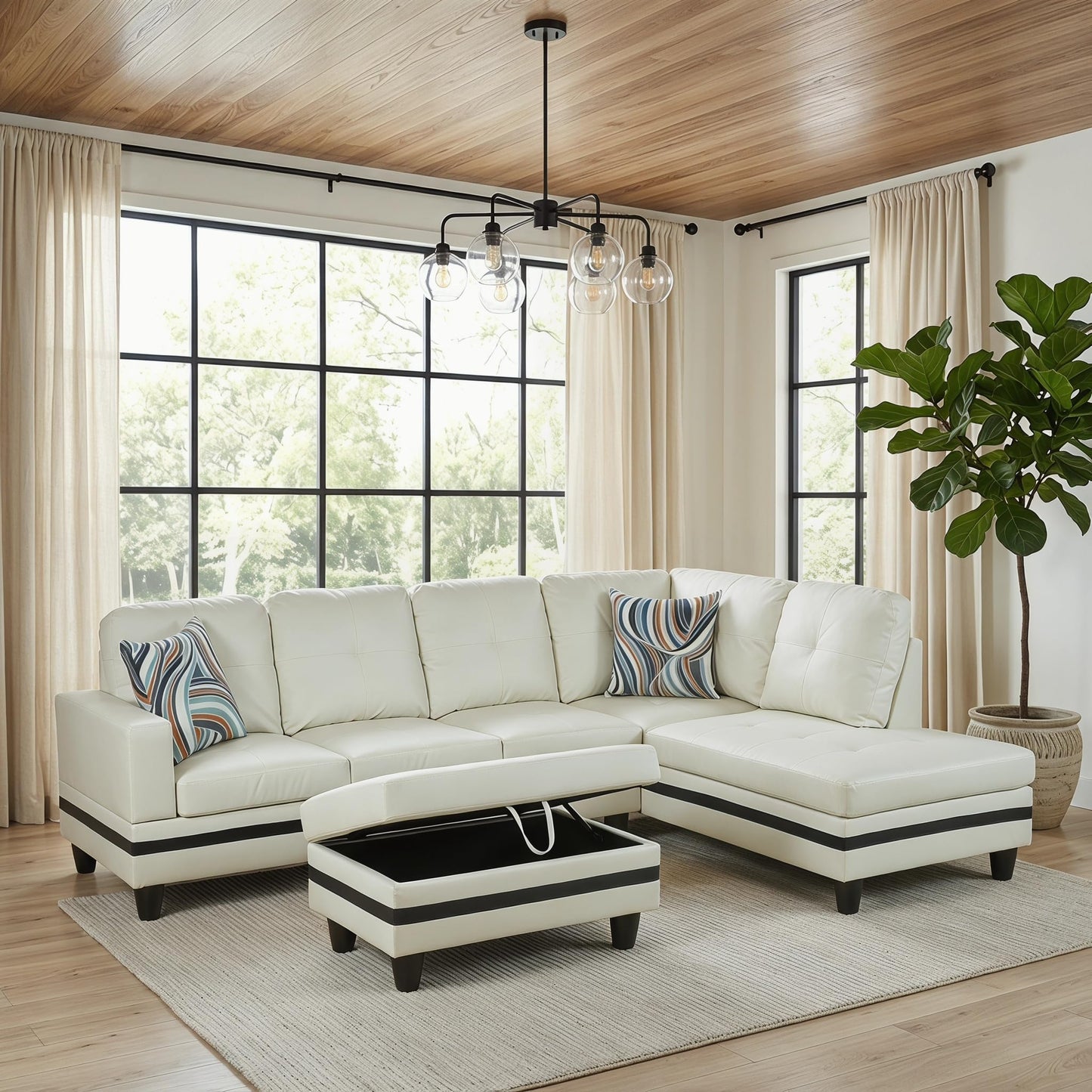 Topcomfy Leather L Shaped Sectional Couches for Living Room - 97.5“ x 66.5" Modular Sectional Sofa with Storage Ottoman, 4 Seat Home Sofa Living Room Furniture Sets with Chaise for Apartment, White