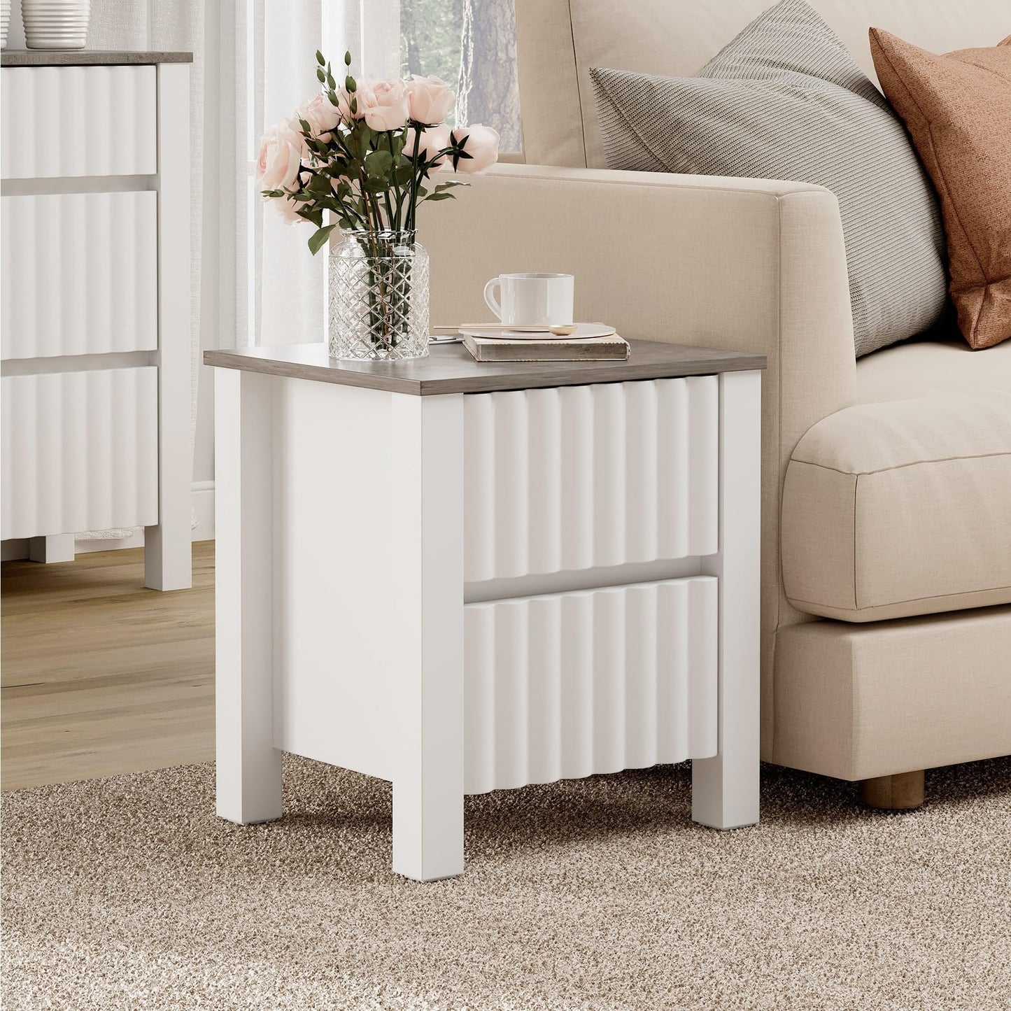 WAMPAT Modern 3-Drawer Nightstand, Wooden Low-Profile End Table with Full-Design Base, Floor-Standing Storage Cabinet, Bedroom Side Table and Closet Organizer, White, 2 Pcs