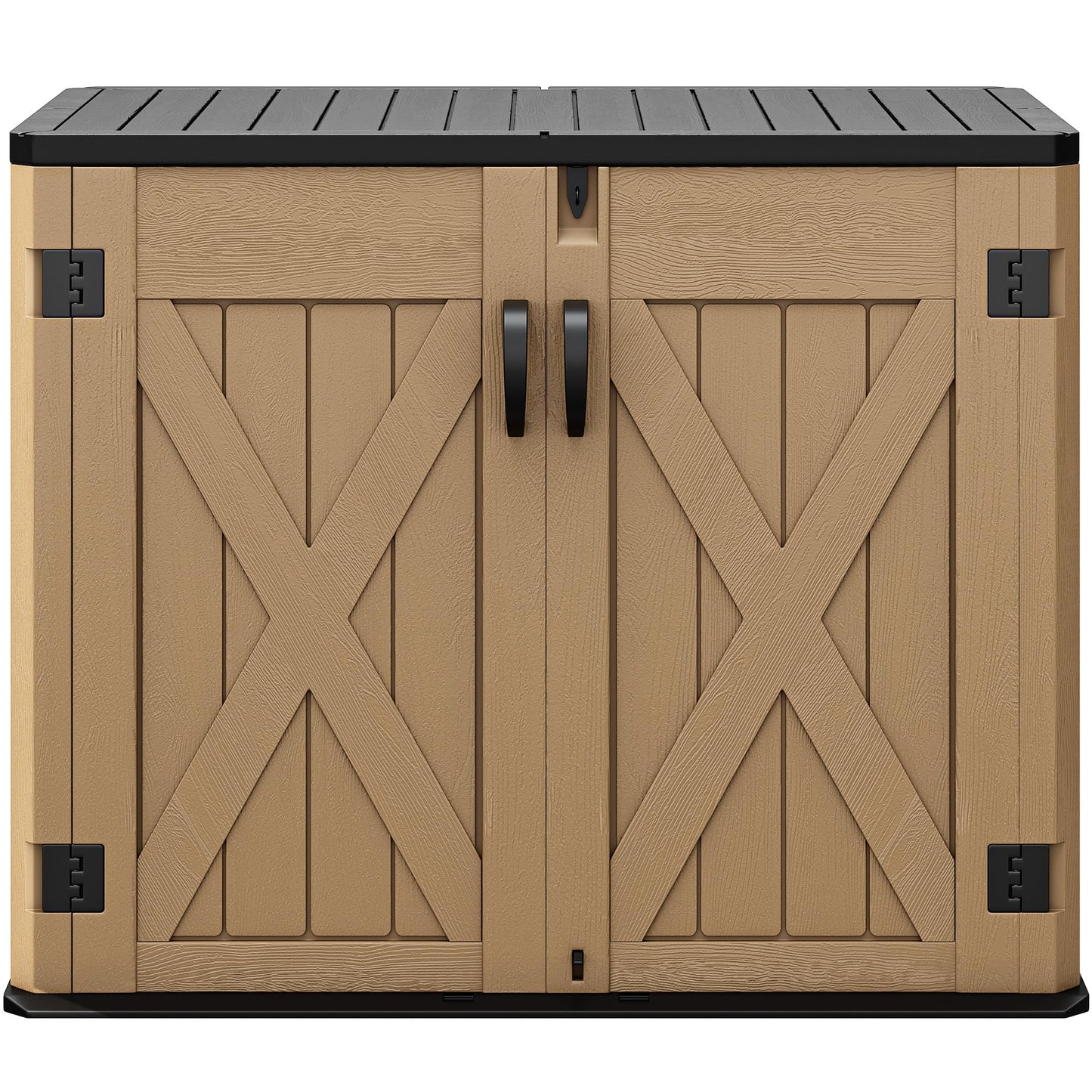 DWVO Outdoor Storage Shed, Weatherproof Resin, 35 Cu Ft Capacity, Horizontal Design, X-Shaped Lockable Door, Suitable for Bike, Garden Tools, Trash Cans, Brown