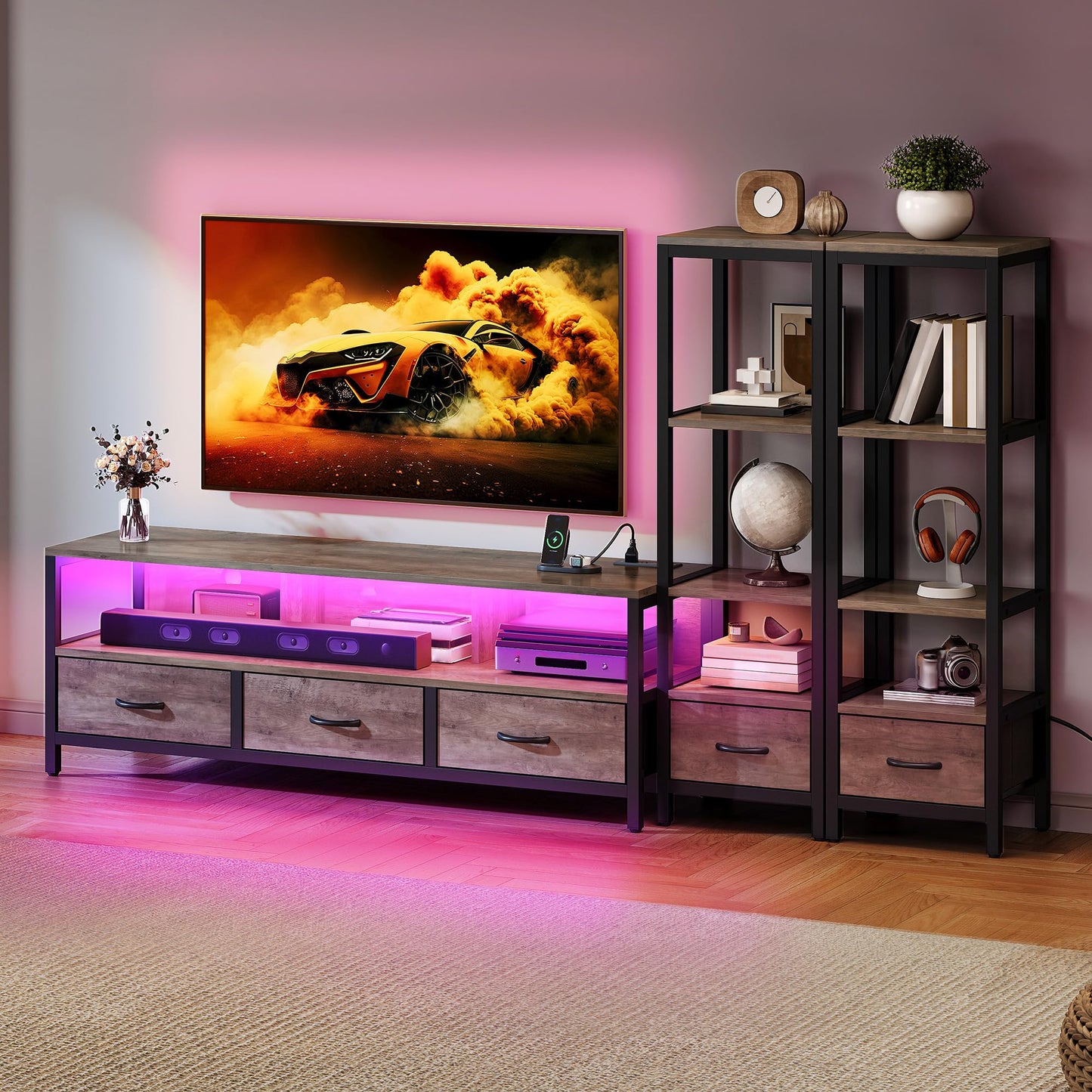 YITAHOME Modern TV Stands for 65 inch TVs, Entertainment Center with Drawers and Bookshelves, LED TV Console Cabinet with Power Outlets for Living Room, Grey