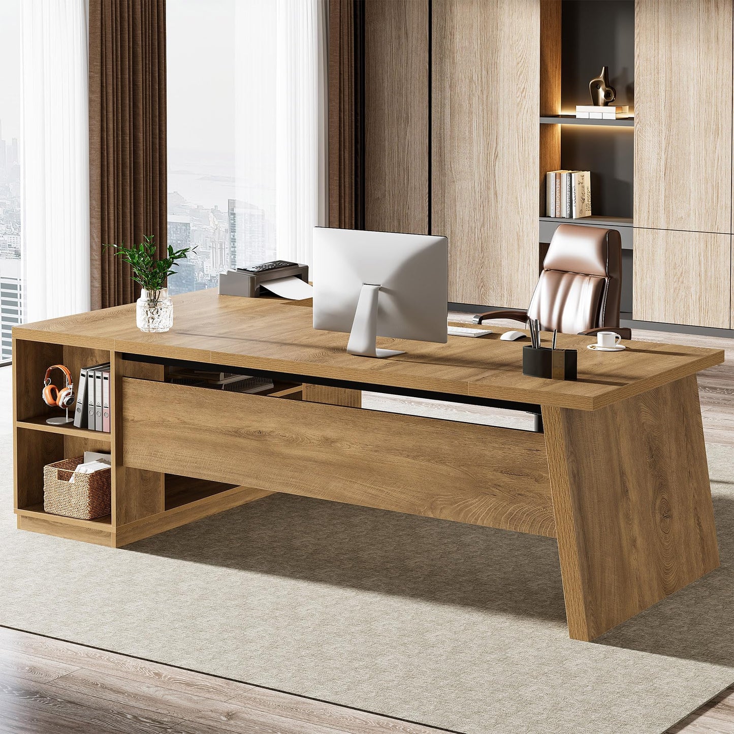 Tribesigns 78" L Shaped Desk with Drawers, Large Executive Office Desk with File Cabinet and Shelves, Modern Corner Computer Table Business Furniture for Home Office, Brown