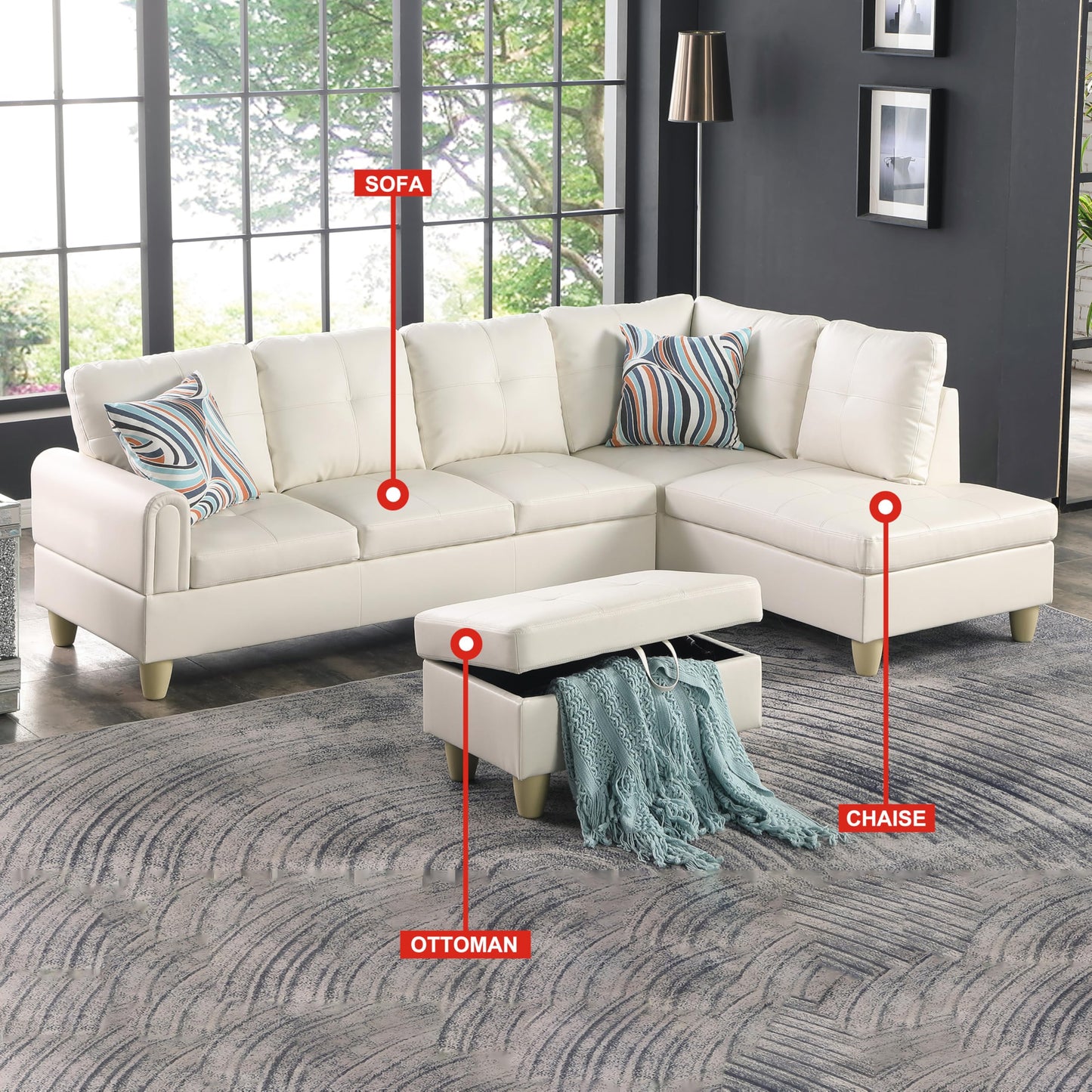 NicBex Couches for Living Room L Shaped Couch Upholstered Futon Sofa Comfy Faux Leather Modular Sofa 3-Piece Sofa Set with Storage Ottoman for Apartments, Living Room and Office, Peaerl White