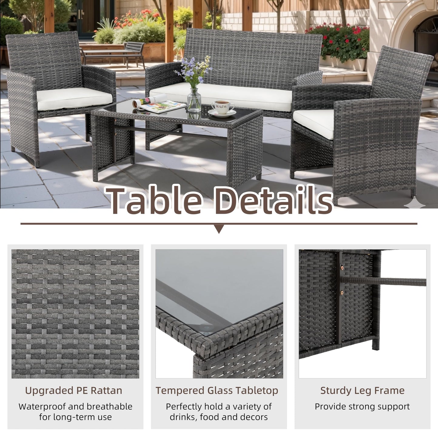 4 Piece Patio Ratten Set Outdoor Furniture Set Wicker Conversation Set with Cushions and Tempered Glass Tabletop,Beige