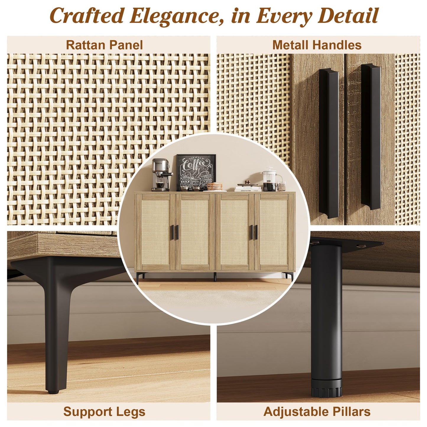 JASIWAY Buffet Cabinet with Storage, 48" Rattan Coffee Bar Cabinet Station