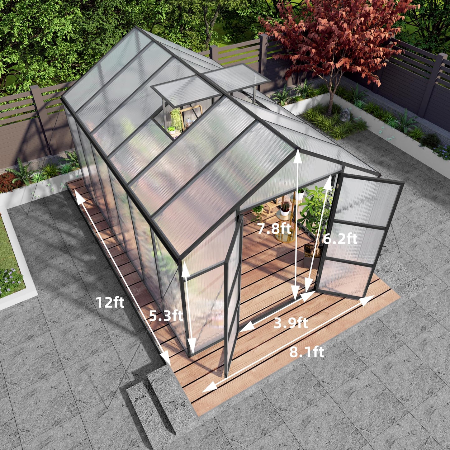 YOPTO 8x12T Greenhouse,Outdoor Polycarbonate Greenhouse with Roof Vent & Drainage System,Heavy Duty Aluminum Walk-in Green Houses for Outside Garden Backyard,Easy Assembly,Black