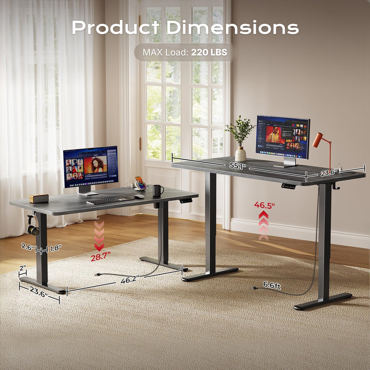 Huuger Electric Standing Desk with Power Outlets and USB-C Port, 55 X 24 Inch Height Adjustable Desk, Sit Stand Desk for Home Office, Computer & Gaming Desk with 4 Presets, Stable Steel Frame, Grey
