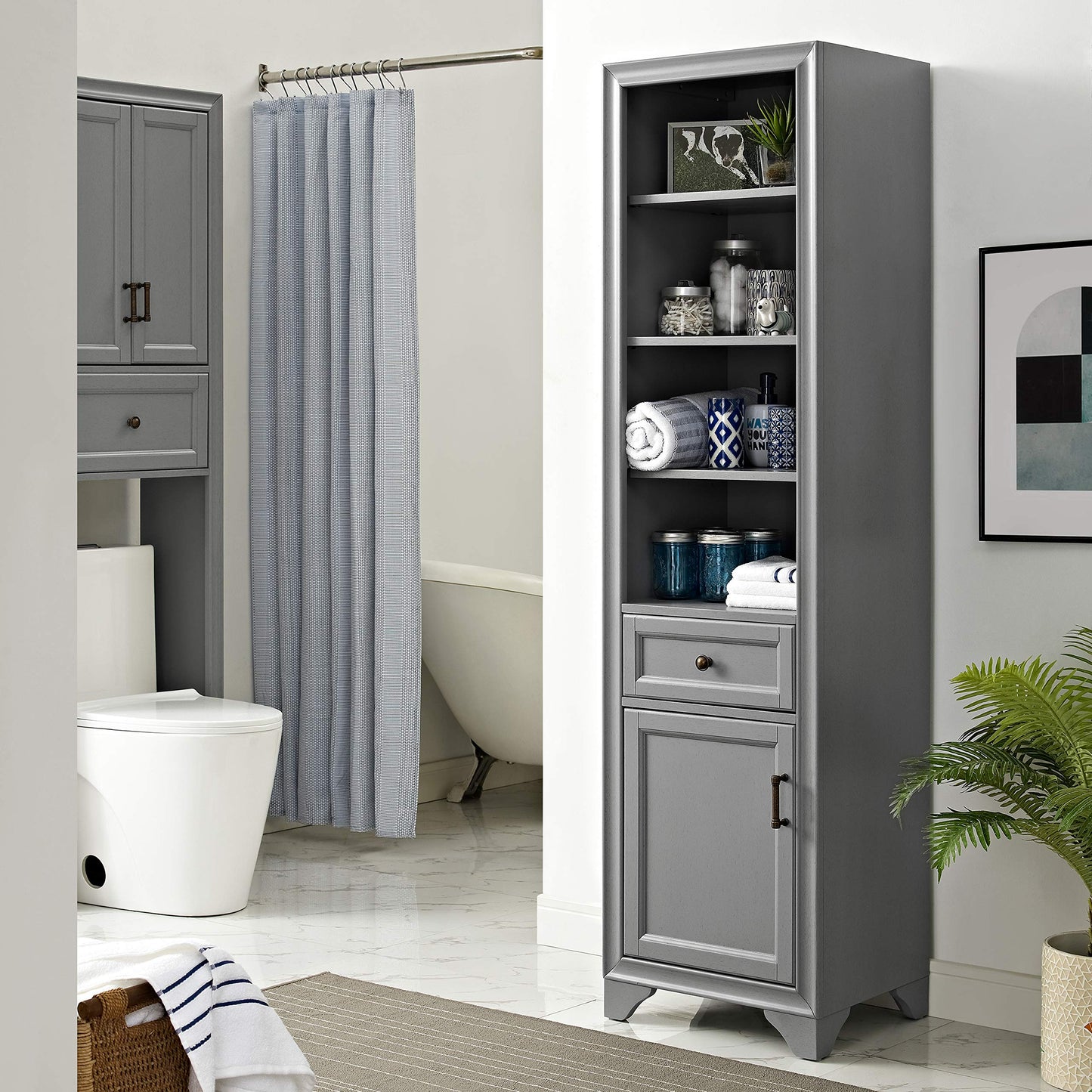 Crosley Furniture Tara Linen Storage Cabinet and Bathroom Organizer with a Drawer and Shelves, Vintage Gray