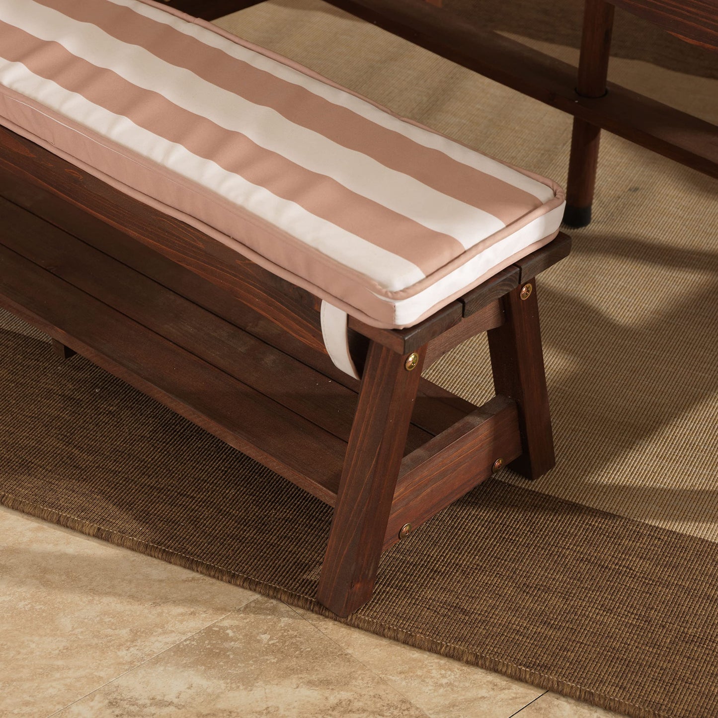 KidKraft Outdoor Wooden Table & Bench Set with Cushions and Umbrella, Kids Backyard Furniture, Espresso with Oatmeal and White Stripe Fabric