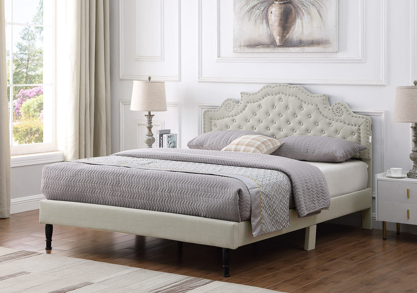 Queen Upholstered Platform Bed Frame with 47" Tall Adjustable Headboard - Button Tufted Linen Bed - Wood Slat Support with Storage Space - No Box Spring Needed - Beige - Oliver & Smith - Elizabeth