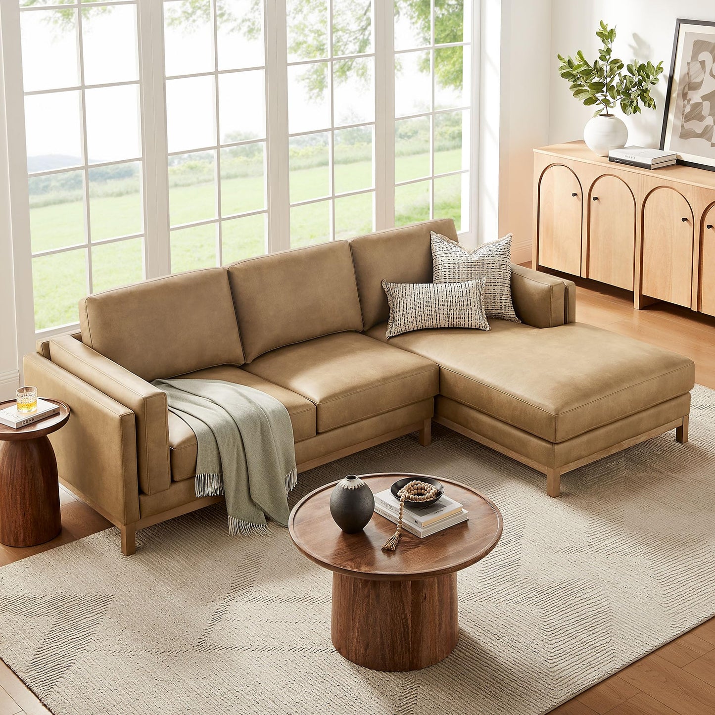 Modway Roscoe Right-Facing Sectional Sofa with Chaise in Toast - 2-Piece Faux Leather Upholstered Deep Seat Couch, L Shaped Modular for Living Room or Lounge