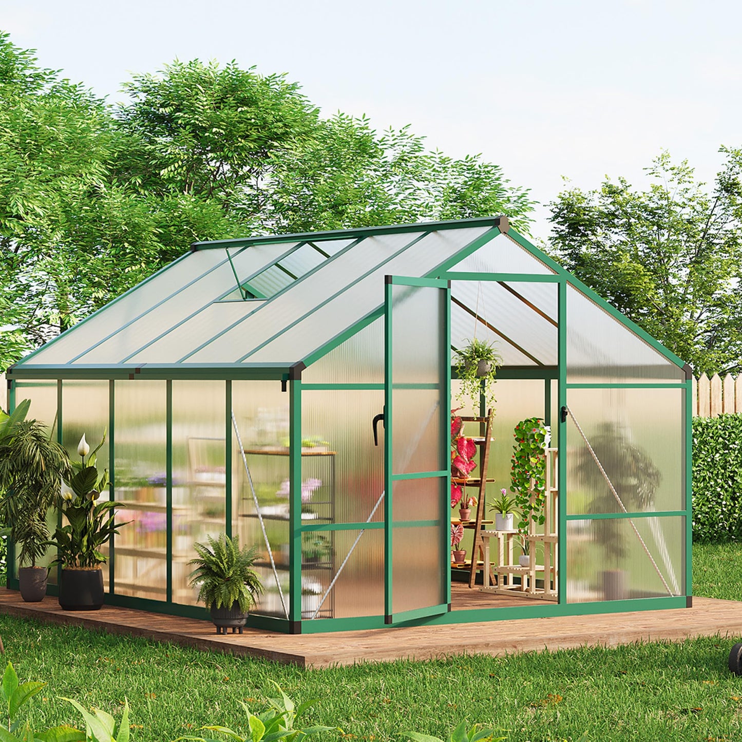 8x10 Ft Outdoor Greenhouses, Greenhouse Kit, Portablee Greenhouses with Ground Nails and Vent Windows, Sliding Lockable Door, Polycarbonate Green House for Outside Garden Backyard, Green