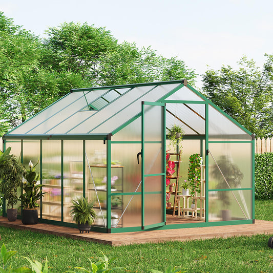 8x10 Ft Outdoor Greenhouses, Greenhouse Kit, Portablee Greenhouses with Ground Nails and Vent Windows, Sliding Lockable Door, Polycarbonate Green House for Outside Garden Backyard, Green