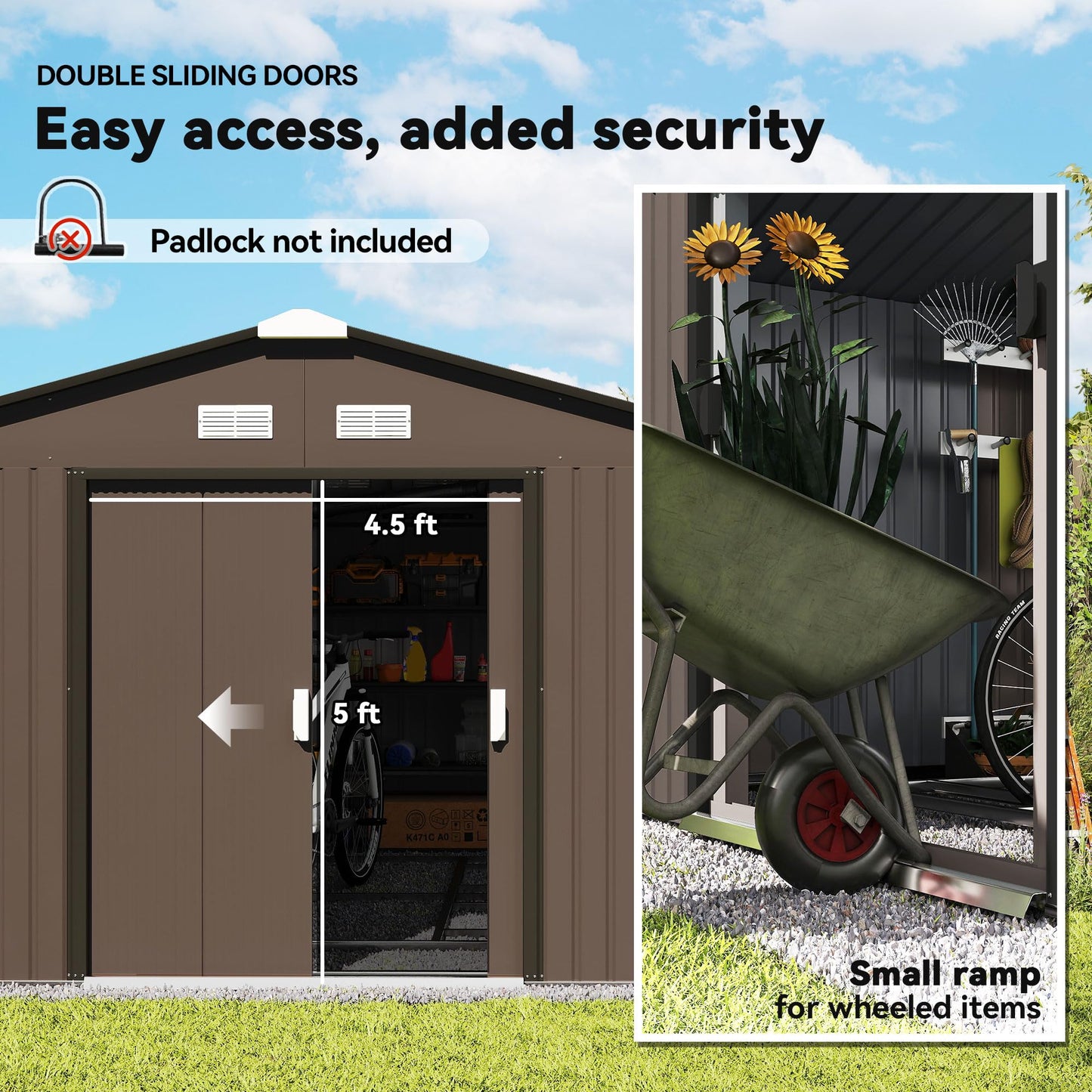 Outsunny 11' x 13' Outdoor Storage Shed, Garden Tool Metal Shed with Foundation Kit, Double Lockable Door, Air Vents and Sloping Roof, for Backyard, Patio, Lawn, Brown