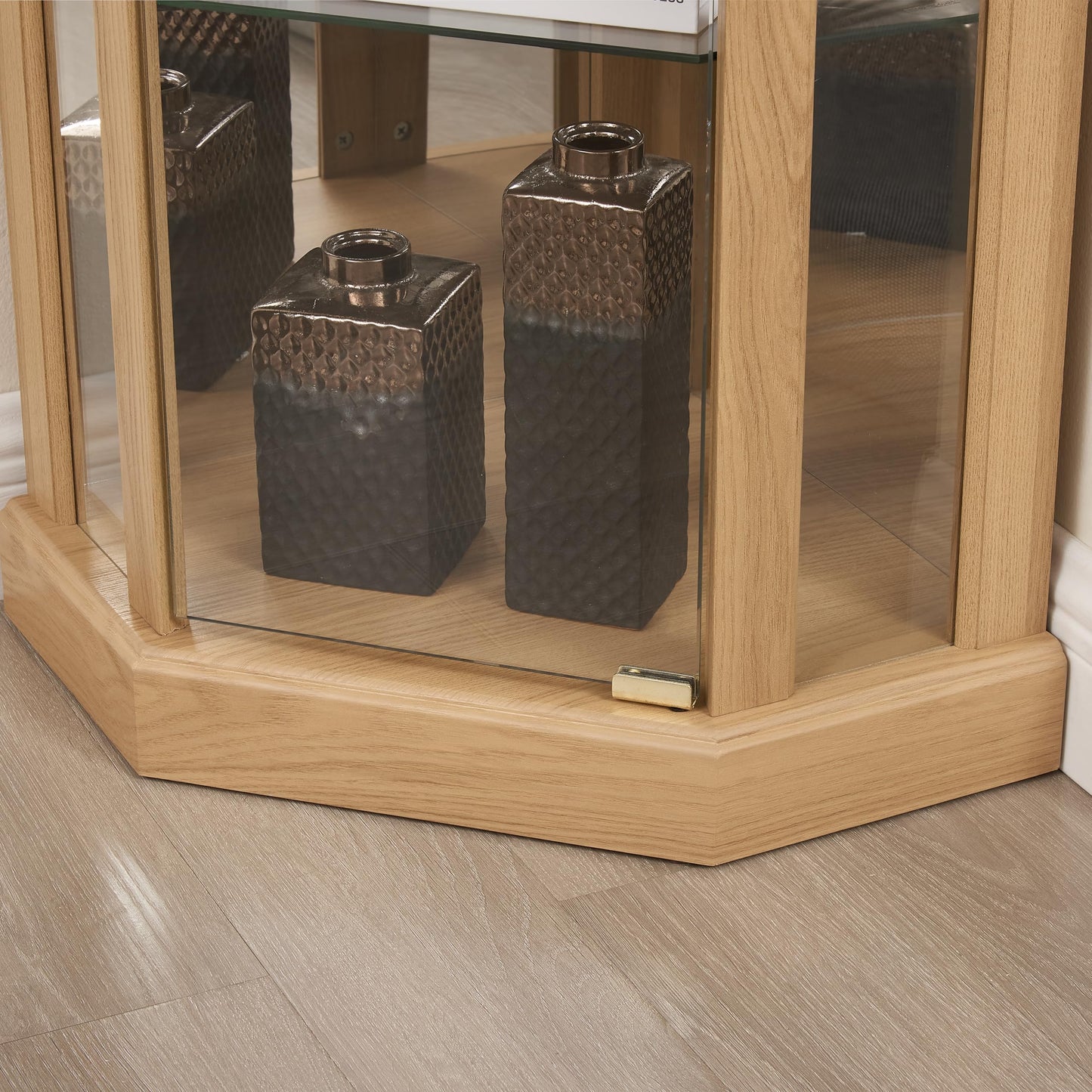 TRUNBACK Corner Curio Cabinet, 150lbs Heavy Duty Glass Display Cabinet with Light, 70" Tall 5-Tier Wine Bar China Cabinet with Tempered Glass Doors & Mirrored Back for Collectibles, Light Oak