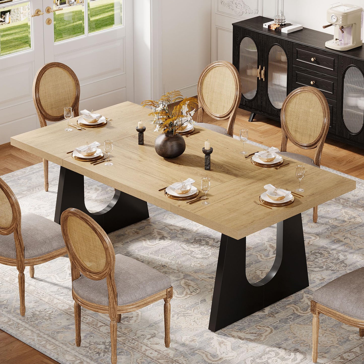 Tribesigns Large Dining Table for 6-8 People, 70.9-Inch Wood Rustic Rectangular Table with Black Wooden Legs, Farmhouse Center Kitchen Table for Dining Room, Living Room, Home Furniture, Oak and Black