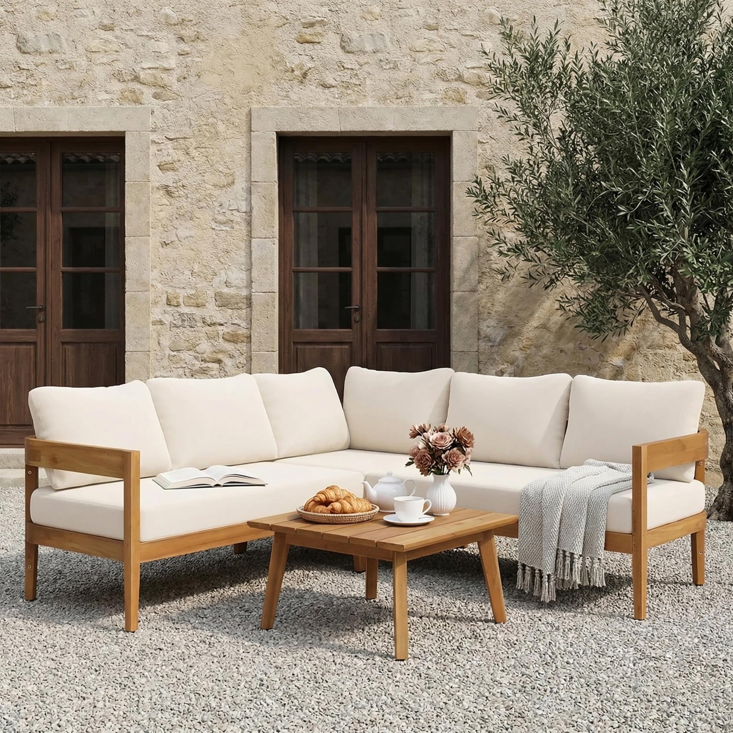 Merax 4 Piece Patio Outdoor Furniture Set, All-Weather Curved Acacia Wood V-Shaped Sofa with Cushions,1 Coffee Table, Conversation Set for Backyard Deck Poolside, Seats 5 Adult, Teak+ Beige