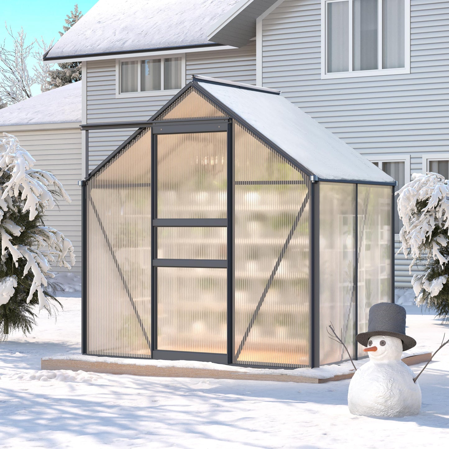 GarveeHome 6x4 FT Walk-in Polycarbonate Greenhouse - Heavy Duty Aluminum Frame with Base Kit, 4mm Double-Wall UV Protected Panels, 5-Position Adjustable Roof Vent & Sliding Door, Winter Plant House