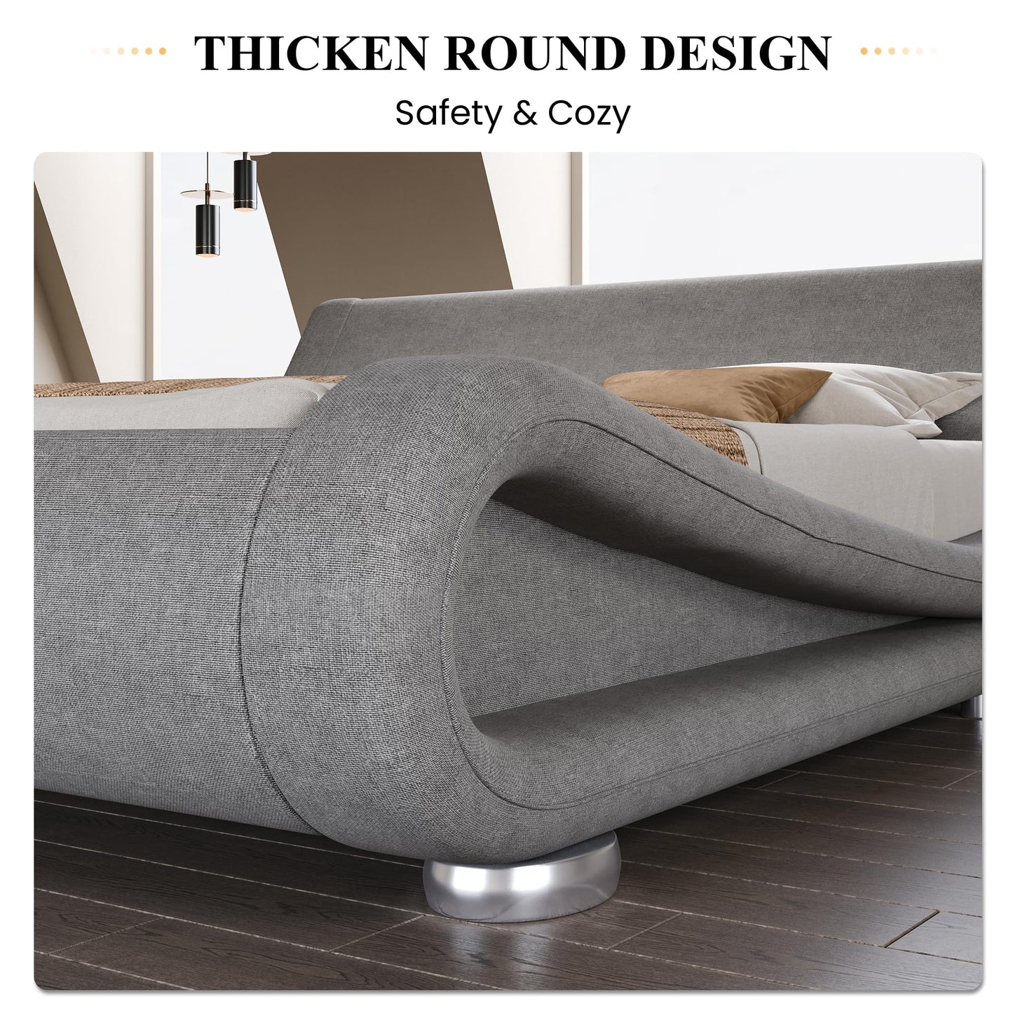 SHA CERLIN Queen Size Upholstered Bed Frame, Deluxe Low Profile Sleigh Bed with Linen Ergonomics Headboard, No Box Spring Needed & Easy Assembly, Grey