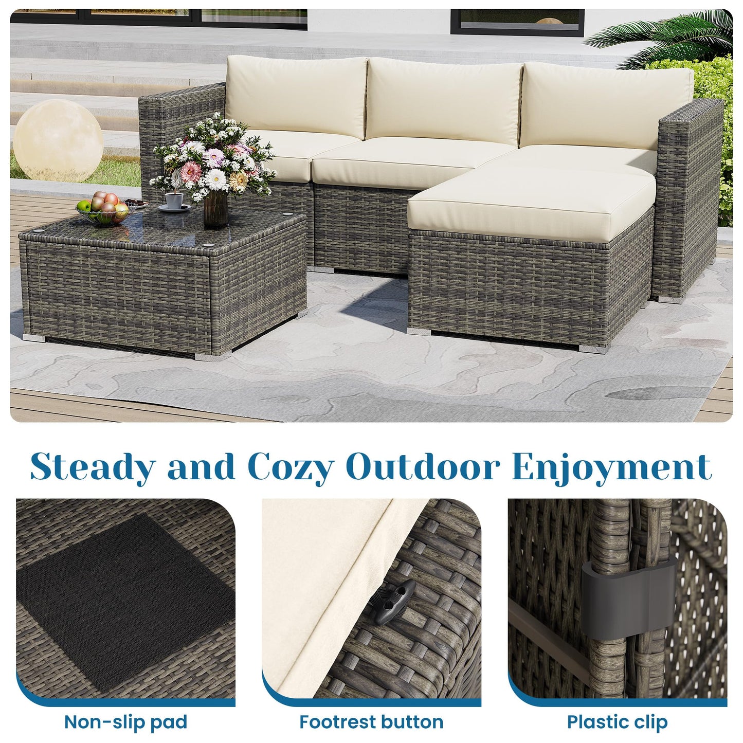 5 Pieces Outdoor Patio Furniture Set, Patio Sectional Furniture Set, All-Weather Wicker Rattan Patio Conversation Set with Washable Thick Cushions and Coffee Table, Outdoor Patio Sofa Couch Set, Beige