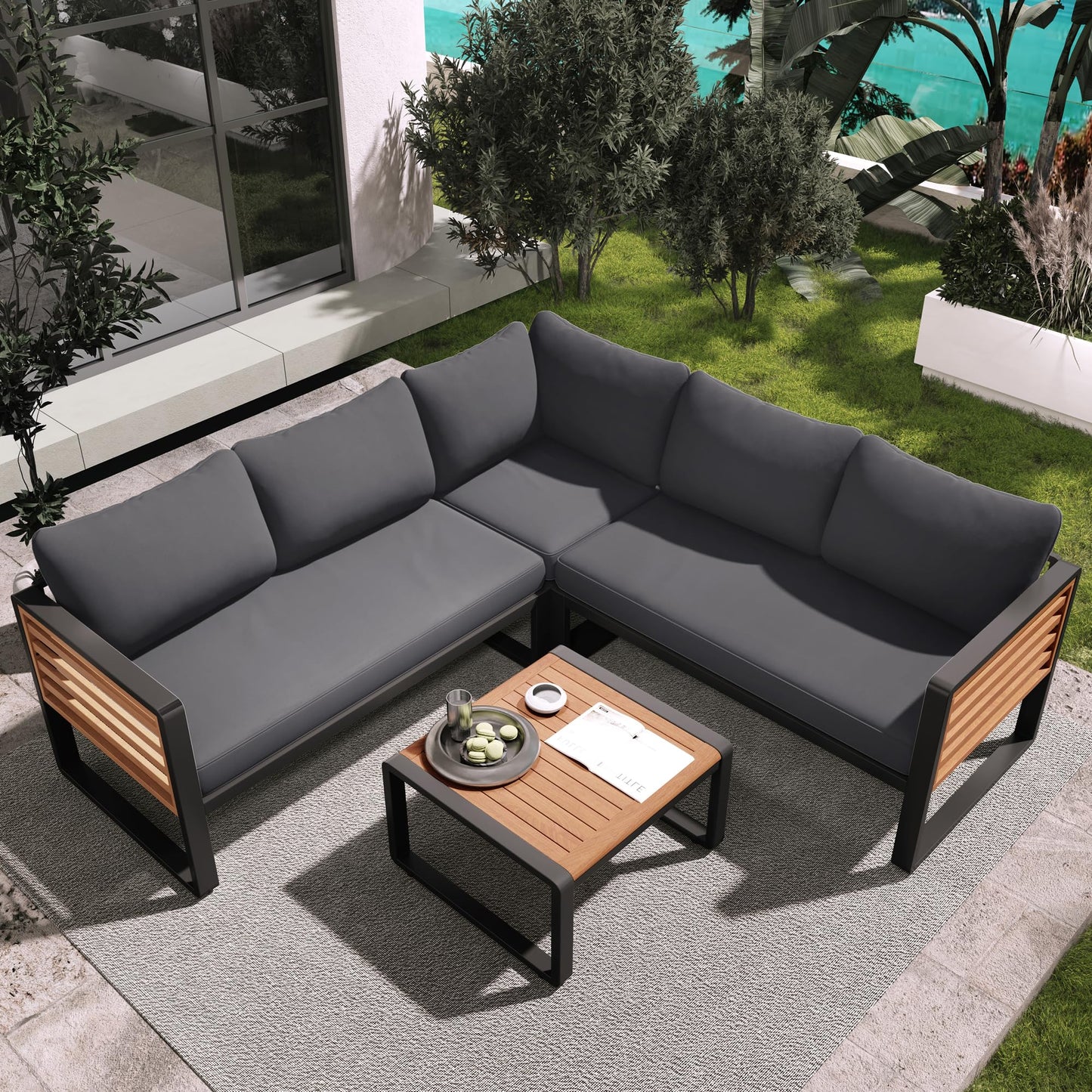 4 Pieces Outdoor Patio Conservation Set, Metal and Wood Frame Sectional L-Shaped Sofa with Soft Cushion and a Coffee Tables for Garden, Backyard, Porch and Deck, Gray