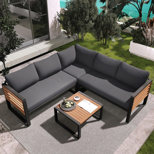 4 Pieces Outdoor Patio Conservation Set, Metal and Wood Frame Sectional L-Shaped Sofa with Soft Cushion and a Coffee Tables for Garden, Backyard, Porch and Deck, Gray