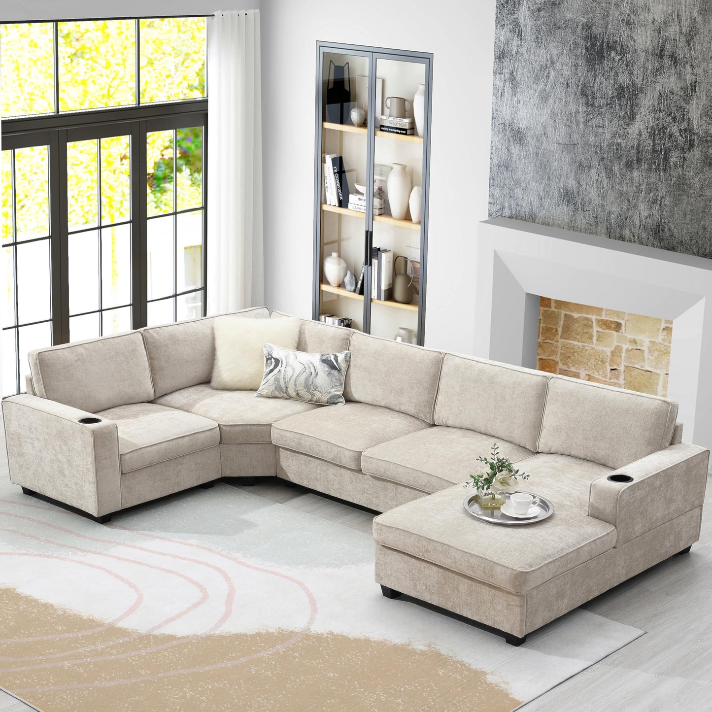 Merax Modern Oversized U-Shaped Sectional Sofa with Cup Holders & Chaise Lounge, Chenille 6-Seat Couch Set Sleeper Bed with Deep Seat Beige